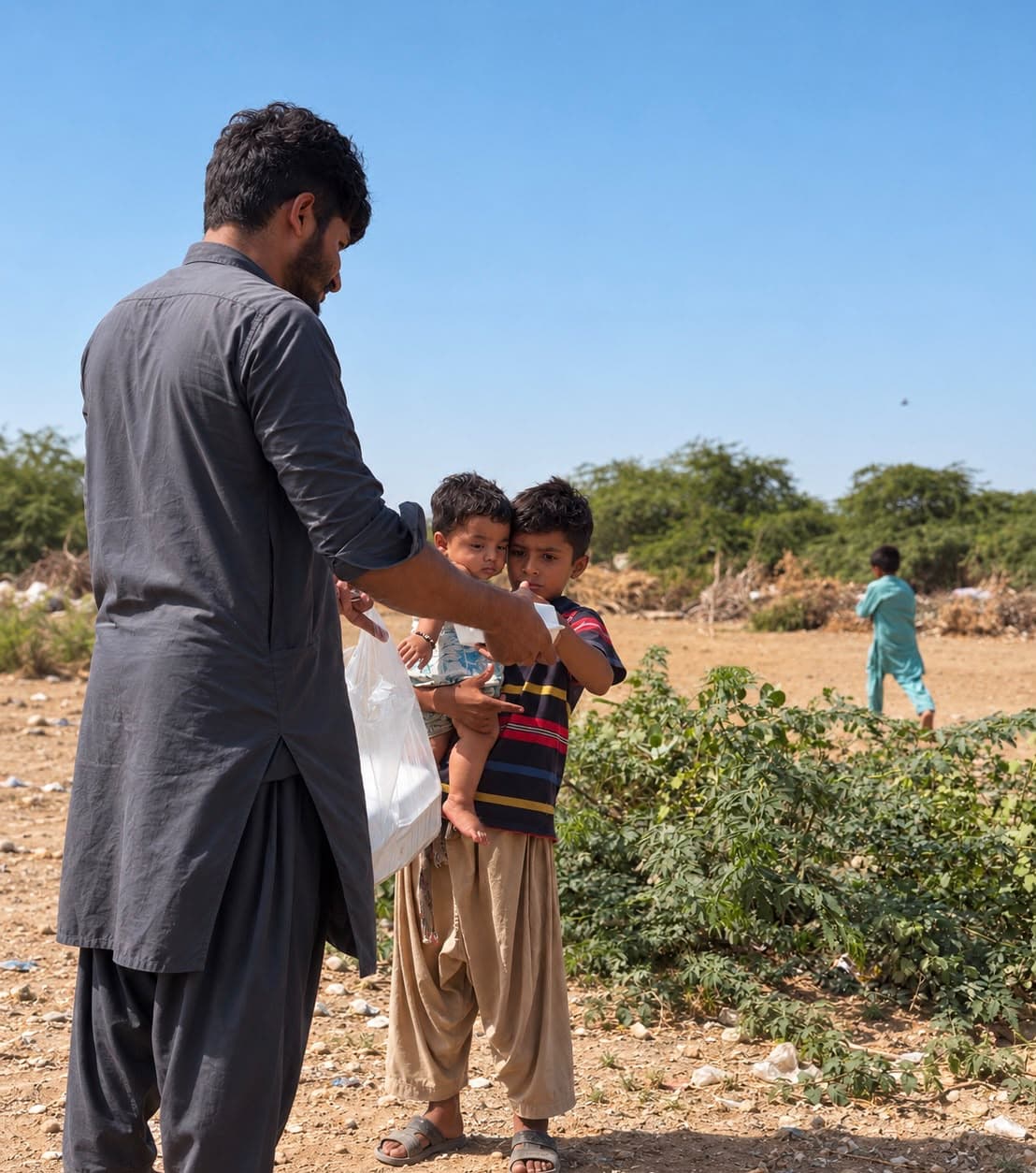 A volunteer handing meals to two young boys by the roadside