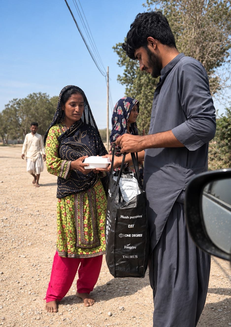 A volunteer handing a meal box to a woman carrying a shopping bag
