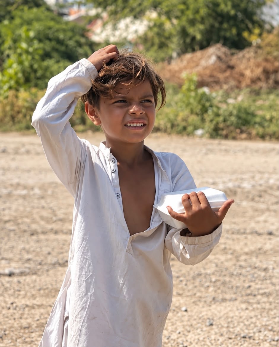 A smiling boy holding the meal box he has just been given